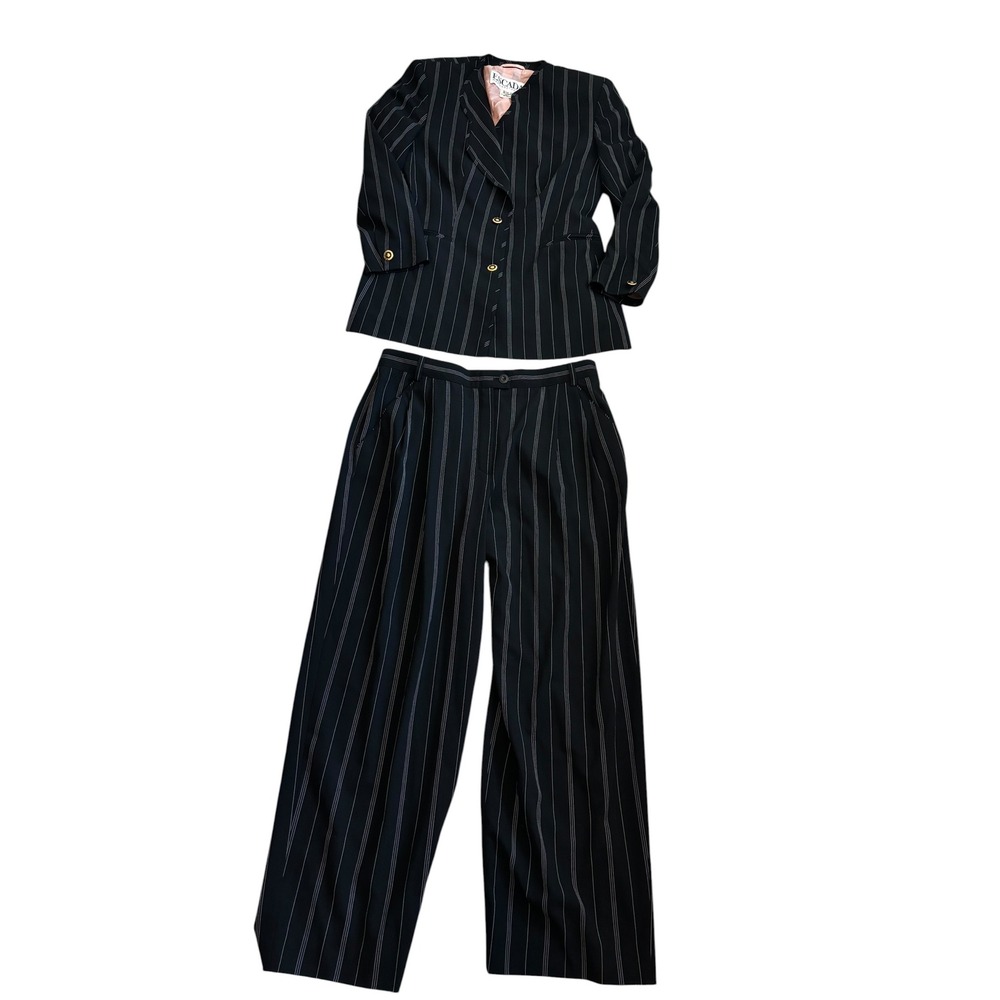Vintage Escada Margaretha Ley Pant Suit 42 Black Pinstripe Wool Blazer Trousers